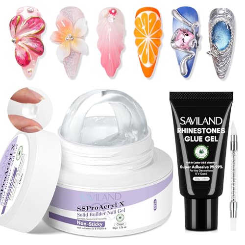 SAVILAND Pro Solid Builder Nail Gel for Nails with 30 g Rhinestone Glue Gel: 30 Days Long Lasting Clear 3D Nail Gel for Nail Extension Nail Art Salon