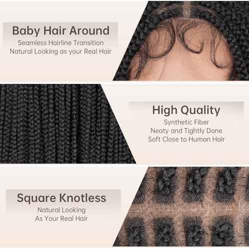 Box Braided Wig Full Double Lace Glueless Braids Wig with Baby Hair Human Hair Blended Synthetic Black Braided Wig for Black Women (1B, 30 Inch)
