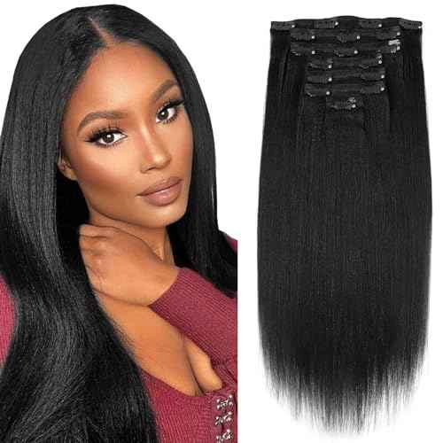 Sassina 20 Inch Yaki Straight Clip in Hair Extensions Virgin Human Hair Jet Black Double Wefts for African American Black Women 7 Pieces 120g with 17 Clips