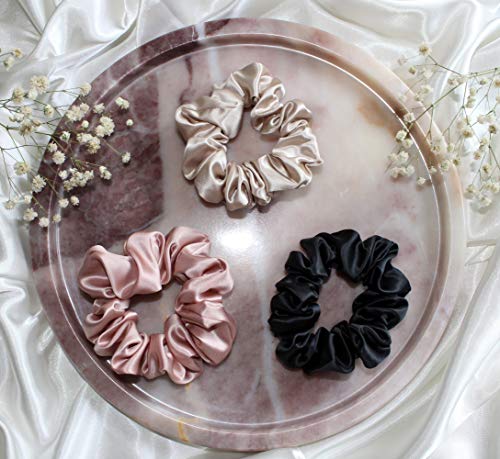 VÉNERA Silk Scrunchies - 100% Pure 22 Momme Mulberry Silk Hair Ties (Espresso-Cream-Caramel)