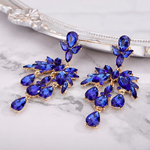 Xerling Blue Rhinestones Statement Teardrop Crystal Earrings for Women Chandelier Tassel Drop Stud Earrings for Wedding Bling Bridal Earrings Dangling (Blue)