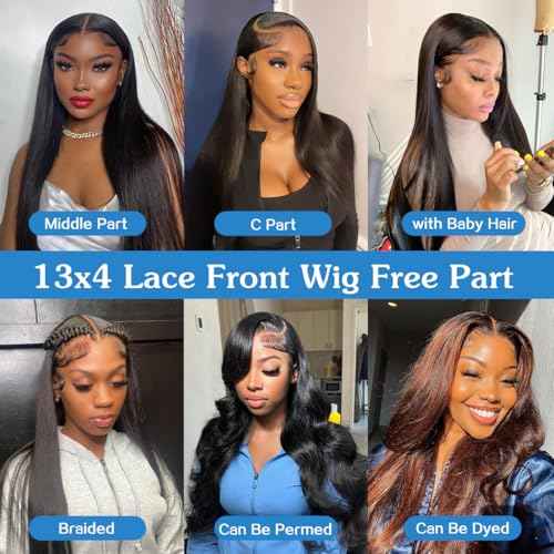 13x4 Straight Lace Front Wigs Human Hair 24 Inch Pre Plucked Human Hair Wig Glueless 180% Density HD Transparent Lace Frontal Wigs Human Hair for Black Women Natural Color(24 Inch)