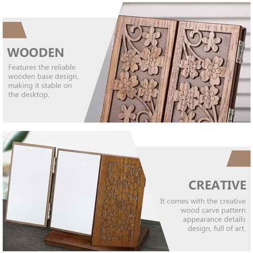 1pc Wood Dressing Table Mirror Wooden Three Mirrors Indoor Desktop Make up Vanity Carved Vanity Makeup Standing Desk Makeup