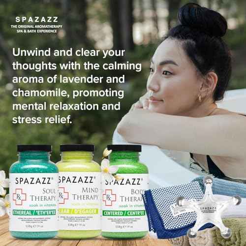RX Therapy Spa and Hot Tub Aromatherapy Scented Relaxation Bath Salt Crystals - Mind Body and Soul Bundle Gift Set (19 Oz) Includes 5 Point Full Body Massage Tool & Hot Cold Towel (19OZ 3 Pack)