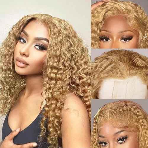 Honey Blonde Water Wave Lace Front Wigs Human Hair 200% Density 5x5 HD Lace Closure Wigs Human Hair Honey Blonde Wigs For Black Women Wear and Go Glueless Curly Wig Deep Wave Wig