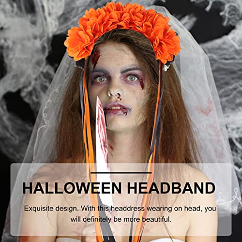 Beaupretty Halloween Wreath Headband Day of the Dead Flower Crown Festival Headband Rose Mexican Floral Headpiece with Ribbon for Women Girls Red Black