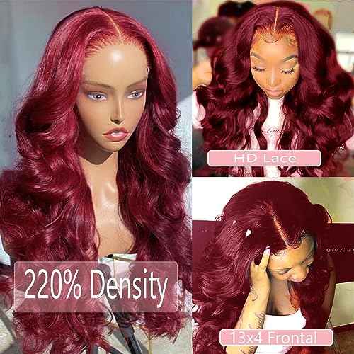 220% Density 99J Burgundy Lace Front Wigs Human Hair Pre Plucked Hairline Body Wave Glueless 13¡¿4 HD Transparent Wigs for Women Human Hair Wine Red Colored (24 inch, 99j)