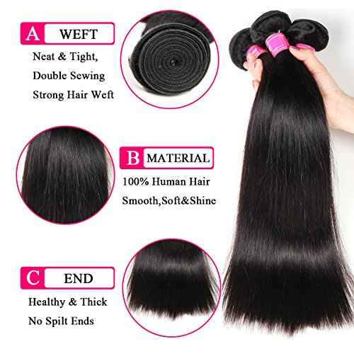10A Straight Bundles with Closure Human Hair 20 22 24+18 Brazilian Human Hair Bundles with Closure 100% Unprocessed Virgin Straight Hair Weave 3 Bundles with Lace Closure 4x4 Free Part Natural Color