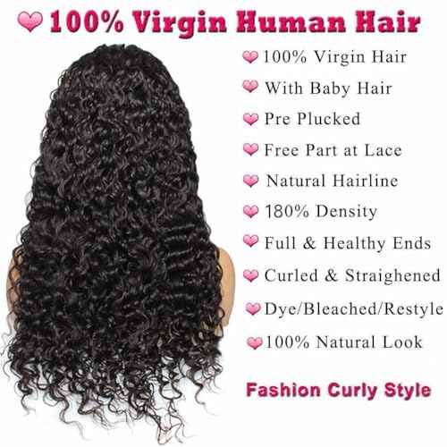 13x4 hd Lace Front Wigs Human Hair Pre Plucked 180 Density Brazilian Wet and Wavy Human Hair Wigs for Black Women Curly Lace Frontal Wig Natural Color Glueless (16 Inch)