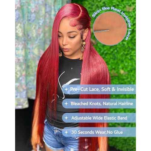 99j Burgundy Glueless Wigs Human Hair 9x6 HD Lace Front Wigs Human Hair 200% Density Straight Glueless Wigs Human Hair Pre Plucked Pre Cut wigs for Black Women 26 inch