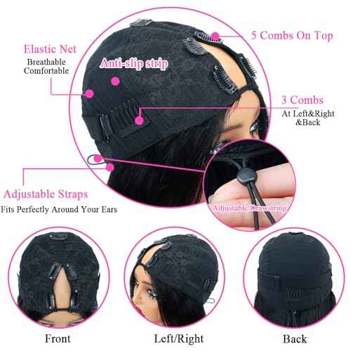 200% Density V Part Wig Human Hair Straight Human Hair Glueless Wigs with Drawstring Upgrade U Part Human Hair Wig for Women No Leave Out No Sew In Natural Color 20 Inch
