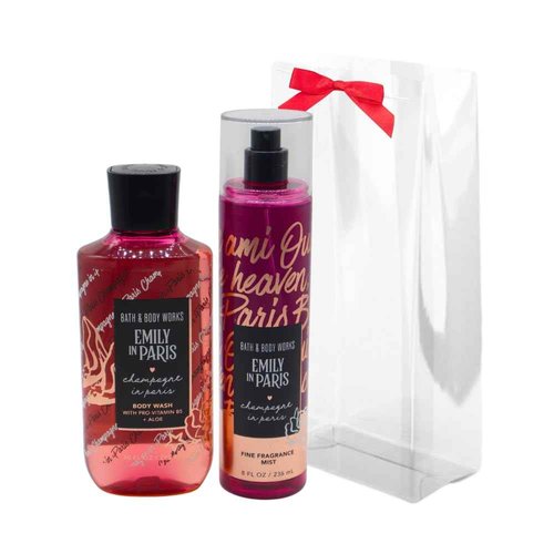 Bath & Body Works Emily in Paris CHAMPAGNE IN PARIS Fine Fragrance Mist & Body Wash 2pc Gift Set with a red bow for Holidays - Full Size