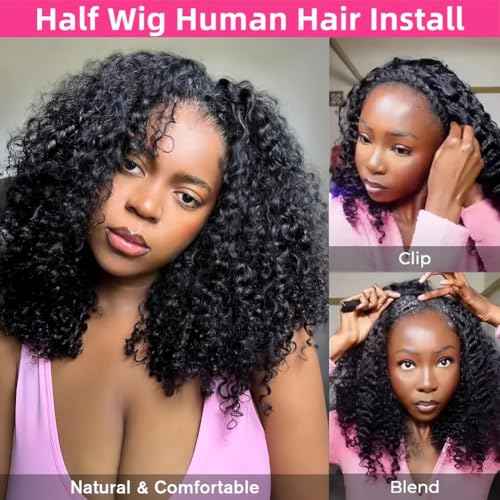 Curly Half Wig Human Hair Glueless Wigs Human Hair 200% Density Upgrade 3 IN 1 Headband Wig Seamless Flip Drawstring Wig Human Hair Wear and Go Beginner Friendly for Women 20 Inch