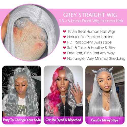 Grey Lace Front Wigs Human Hair Pre Plucked Straight 13x6 Hd Lace Front Wig Human Hair Pre Plucked with Baby Hair 180% Density Silver Gray Colored Glueless Wigs for Black Women 22 inch