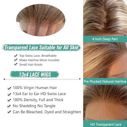 Ash Blonde Highlight Wig Human Hair, Wear and Go Glueless 13x4 Frontal Wig Ombre Colored Balayage Blonde with Brown Lace Front Wigs Human Hair 180% Density Thick Ends Free Part Lace Wigs for Women 22"