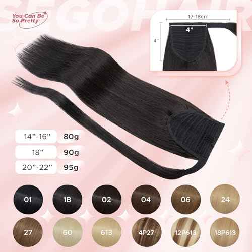Clip In Real Human Hair Ponytail Extensions for Women 100% Remy Human Hair Ponytail Straight Wrap Around Clip in One Piece Hairpiece 22 Inches 95g #1B Natural Black