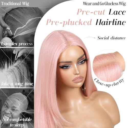 Light Pink Wear and Go Glueless Wig with Bangs Pink Wigs for Women Layered Synthetic Lace Front Wig Pre Plucked Pre Cut Ready to Wear 13x5x1 HD Lace Middle Part 26 Inch