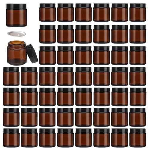 50Pcs 4 oz Glass Jars With Lids, Amber Small Containers With Inner Liners Whit&Premium Glossy Black Caps for Lotins,Powders,Ointments,4oz Sample&Candle Small Making