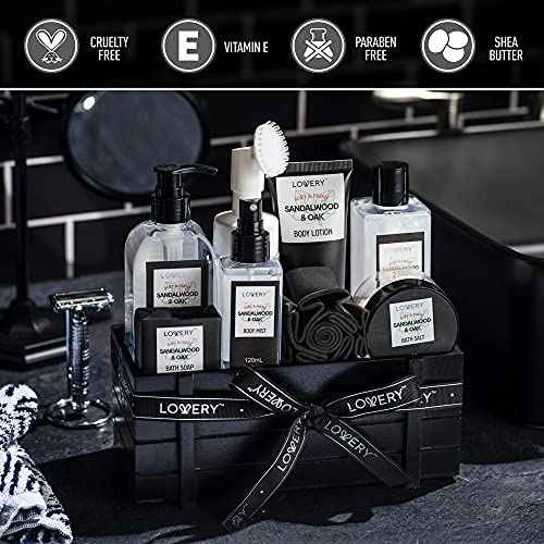 Christmas Gifts Spa Kit for Men - Sandalwood and Oak Scented Bath Gift Set and Shower Gift Basket With Face Wash & Brush, Shower Gel, Bubble Bath, Body Lotion, Body Mist, Handmade Soap, Salts & Puff