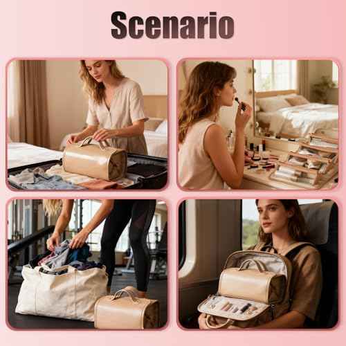 Large Foldable Hanging Toiletry Bag for Women, 4-in-1 Waterproof Makeup bag, Cosmetic Bag with Detachable Interior Pockets, Ideal for Women Travel Essentials(Brown)