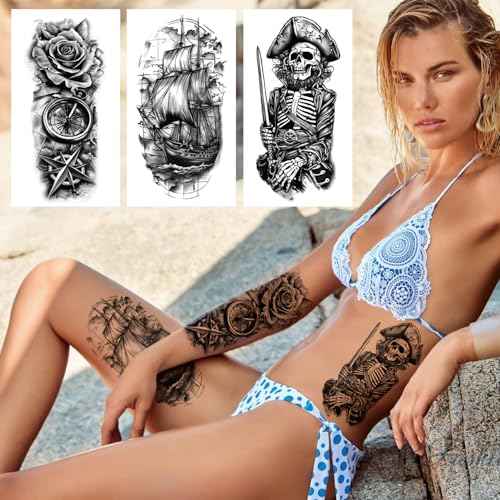 77 Sheets Pirate Temporary Tattoos Adult Men Kids Captain Pirate Ships Flag Sailor Anchor Sailboat Skull Fake Tattoos, Pirates Stickers for Costume Dress Up Makeup Party Accessories
