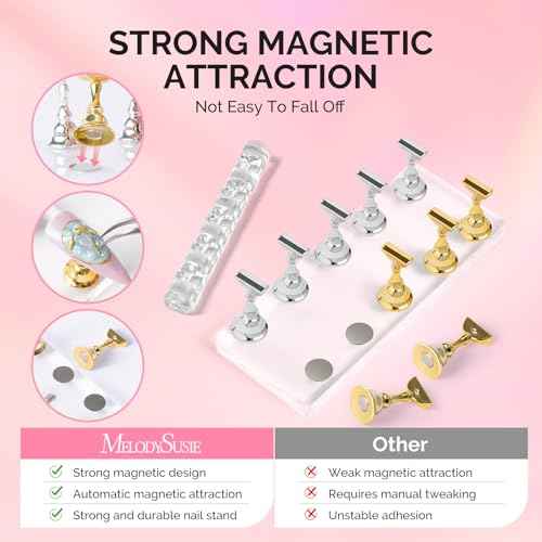 MelodySusie Nail Stand for Press Ons, Big Transparent Acrylic Magnetic Base for Painting Display with Brush Holder and 100 Pcs Reusable Double-Sided Tape for Home DIY Salon Supplies