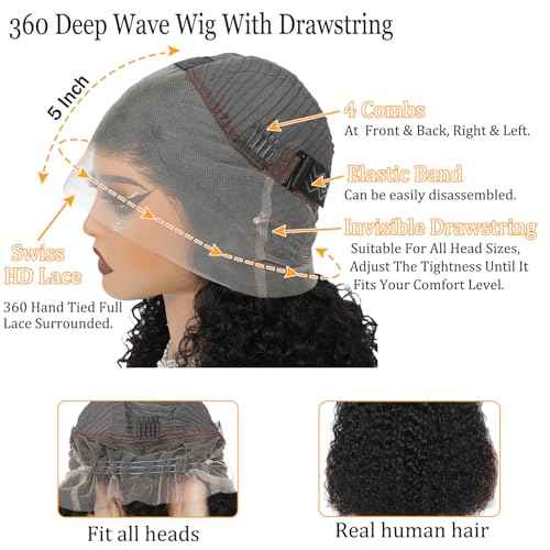 360 Lace Front Wigs Human Hair Pre Plucked With Drawstring 360 Deep Wave Glueless Full Lace Human Hair Wigs Wet And Wavy Invisible Strap Full Lace Wigs For Black Women£¨Black, 18 Inch£©