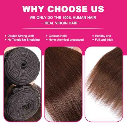 Younsolo Brown Bundles Human Hair Straight 3 Bundles 100% Unprocessed Brazilian Bundles Human Hair 12A Chocolate Brown Straight Bundles Hair Extensions 4# Color 16 18 20 Inch