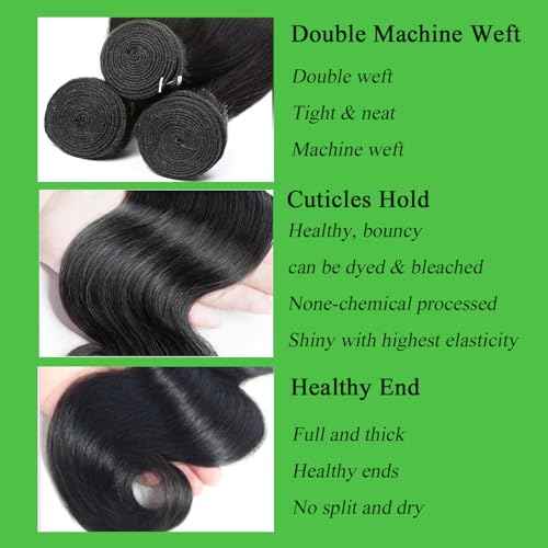 Human Hair Bundles 18 20 22 Inch Body Wave Bundles Human Hair 100% Unprocessed Brazilian Virgin Hair Quick Weave Real Human Hair Extensions Natural Black