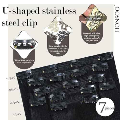 Honsoo Black Hair Extensions Clip in Real Human Hair Extensions Jet Black 20in 120g 7Pcs Long Straight Soft Hair Extensions For Black Women