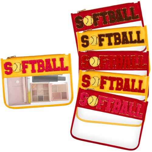 Aliceset 6 Pcs Softball Chenille Letter Preppy Patch Makeup Snack Bags, Gift for Women Waterproof PVC Cosmetic Organizer Storage, Flat Clear Portable Toiletry Zipper Pouch(Red, Yellow)