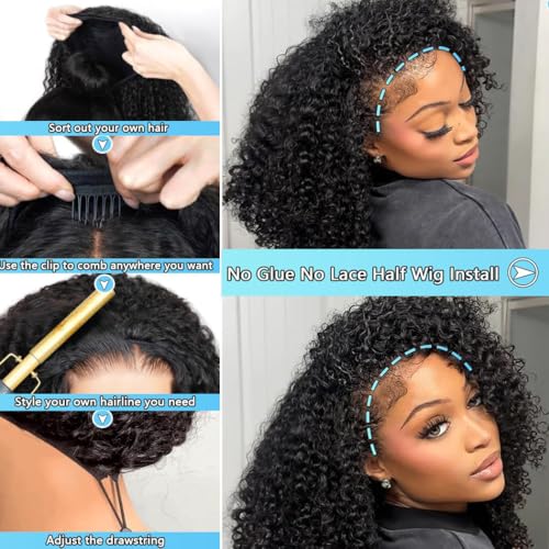 Curly Half Wig 200% Density Kinky Curly Half Wig 3 In 1 Seamless Flip Over Glueless Wigs Human Hair with Drawstring Beginner Friendly Curly Wig Headband Wig for Women Daily Wear