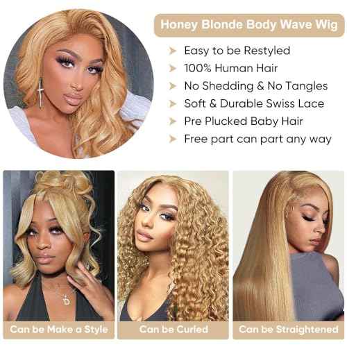 30 Inch Honey Blonde Lace Front Wigs Human Hair 180% Density 13x6 Body Wave HD Lace Front Wigs Pre Plucked With Baby Hair 27# Colored Wigs for Women