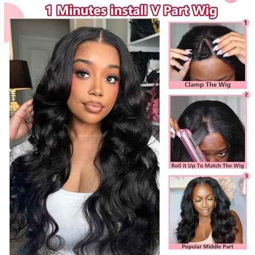 V Part Wig Human Hair Body Wave Upgrade U Part Human Hair Wig Beginner Friendly Clip In V Shape Wigs for Women Natural Black Color 24 Inch