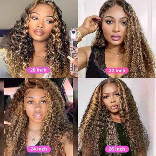 20 inch Honey Blonde Deep Wave Lace Front Wigs Human Hair, Curly Highlighted Wig Human Hair, Glueless Wigs Human Hair Pre Plucked Natural Hairline 180% Density, Ombre Wigs Human Hair