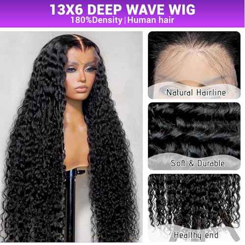 26 Inch Deep Wave Lace Front Wigs 13x6 HD Transparent Human Hair Lace Front for Women 180% Density Deep Curly Human Hair Wigs Pre Plcked Deep Wave Frontal Wigs with Baby Hair