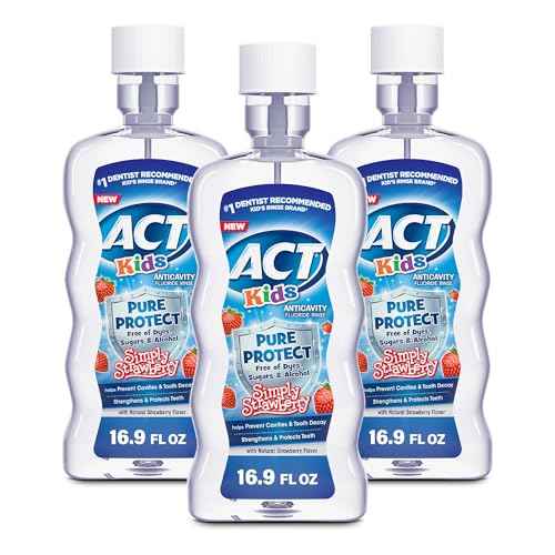 ACT Kids Anticavity Fluoride Mouthwash, Sugar & Alcohol Free Mouth Rinse Strengthens Teeth, Simply Strawberry, 16.9 fl. oz.(Pack of 3)