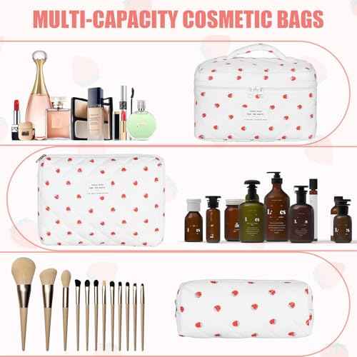 Quilted Makeup Bag Set, 3Pcs Large Checkered Corduroy Cosmetic Bags, Cute Coquette Makeup Bag Toiletry Zipper Pouch Bag for Women and Girls Checkered