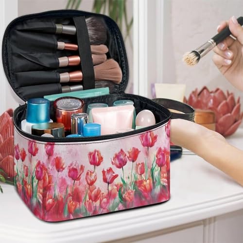 Biyejit Red Tulips Makeup Bag Large Travel Cosmetic Case Organizer Portable Storage Bag with Adjustable Dividers for Cosmetics Makeup Brushes Toiletry Accessories, Easy to Clean