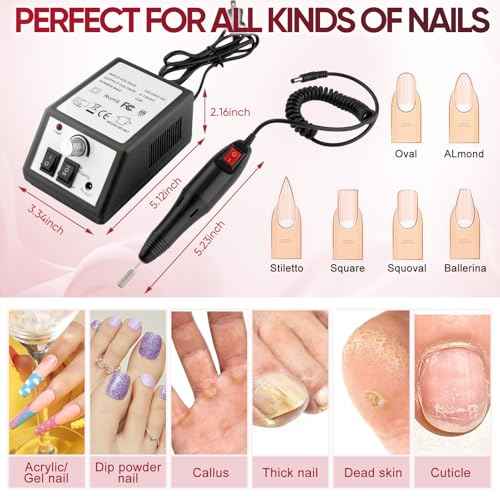 Professional Electric Nail Drill Machine Nails File Manicure Pedicure Set for Acrylic Gel Dip Powder Art Shape Remover Tool Polisher Grinder Low Noise with 6 Drill Bits 156pcs Sanding Bands (Black)