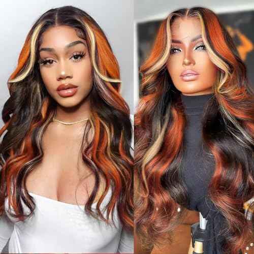 Black Ginger Blonde Highlight Wig Human Hair Lace Front Skunk Stripe Wig 13x4 Glueless Ginger Body Wave Lace Frontal Wigs Pre Plucked For Women 22 Inch 150% Density