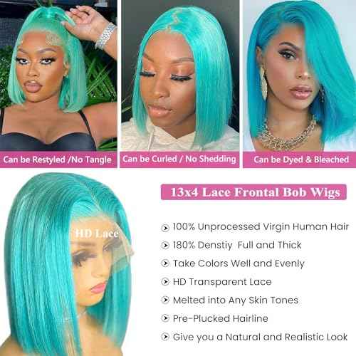 Ubetta Lake Blue Bob Wig Human Hair Lace Front Wigs 13x4 Glueless Lace Front Bob Wigs Human Hair Pre Plucked 8 Inch Colored Teal Blue Bob Wig for Black Women 180% Density