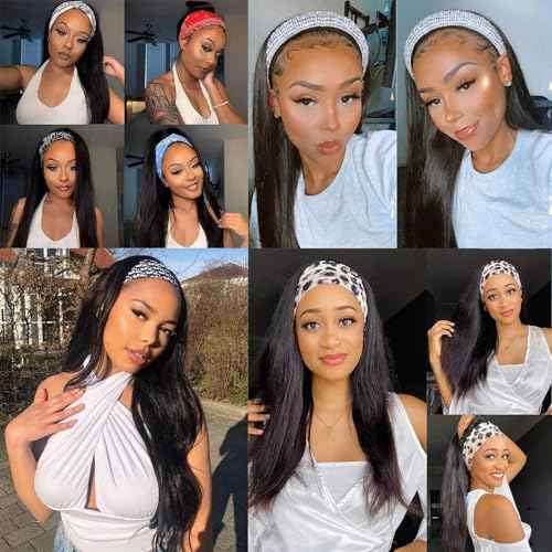 Headband Wig Human Hair Straight Headband Half Wigs Human Hair Brazilian Glueless Human Hair Wigs None Lace Front Wigs Machine Made Wigs 150% Density Natural Color 18 Inch