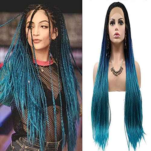Braided Wigs for Black Women Ombre Blue Lace Front Wig Box Braided Lace Frontal Wigs Natural Hairline Synthetic Wigs Handmade Micro Braids Free Part Glueless Hair Replacement Wigs Cosplay Daily