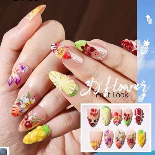 FANDAMEI Press on Nails, 4 Styles 120PCS 3D Flower Press on Nails Short Almond Fake Nails, Medium Almond 3D False Nails, Flower Butterfly Spring Summer Nails for Women