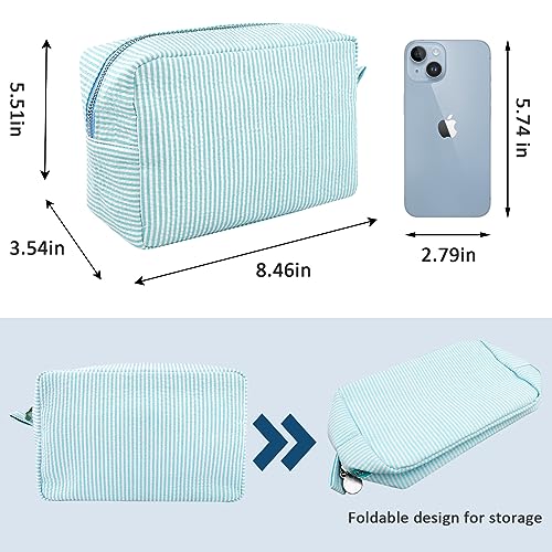 GFU Makeup Bag for Women, 2PCS Cute Cosmetic Bag, Lightweight Toiletry Make up Bag, Large Seersucker Aesthetic Organizer Storage Pouch for Girls, Women and Moms Gifts, Blue&Lightblue