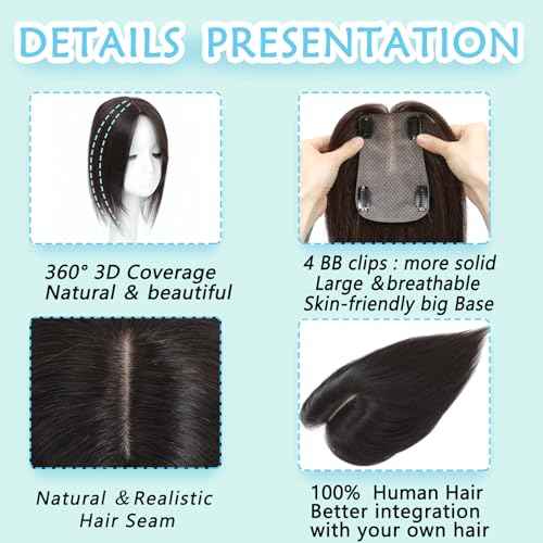 Hair Toppers for Women Real Human Hair, Realistic Biological Scalp Toppers HairPieces for Women with Thinning Hair Middle Part Clip in Bangs Big Base 360¡Æ 3D Cover (Dark Brown, 14 Inch)