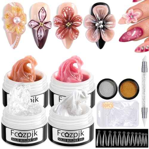 Solid Builder Gel for Nails, 4 Colors Solid Builder Gel Non-Sticky Clear Nude Pink Pearl White Hard Gel for Nails 3D Sculpture Gel Flower Carving Modeling Design Nail Extension Gel Kit