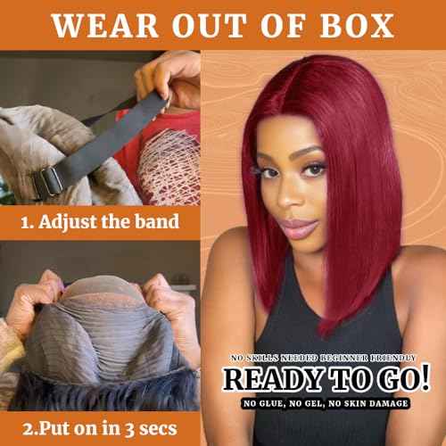 Bob Wig Human Hair Glueless 99J Burgundy 14 Inch 9x6 HD Lace Front Glueless Wigs Human Hair Pre Plucked Pre Cut 200% Density Straight Bob Wigs for Black Women