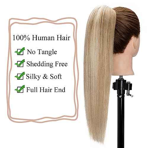 MY-LADY Ponytail Extension Human Hair Claw Clip in Ponytail Hair Extension Straight Pony Tail Hair Extensions Real Human Hair for Women Ash Blonde & Bleach Blonde 18 Inch 115g